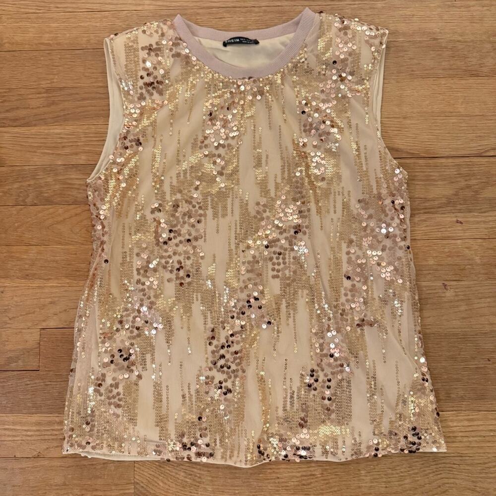 SHEIN cream gold sequin sleeveless crewneck blouse shirt top size 6
b20